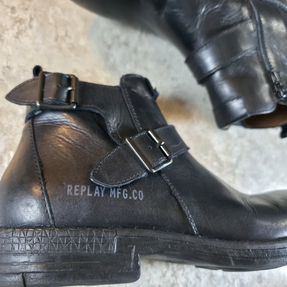 Replay Hert Biker Boots Black Leather Monk Strap Mens 7 - 7.5 / Womens 9 - 9.5‎